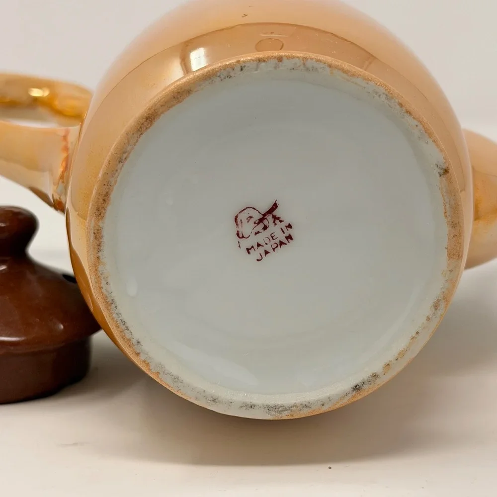 Vintage Japanese Lusterware Teapot Peach Hand Painted Parrot‎ Floral Made Japan